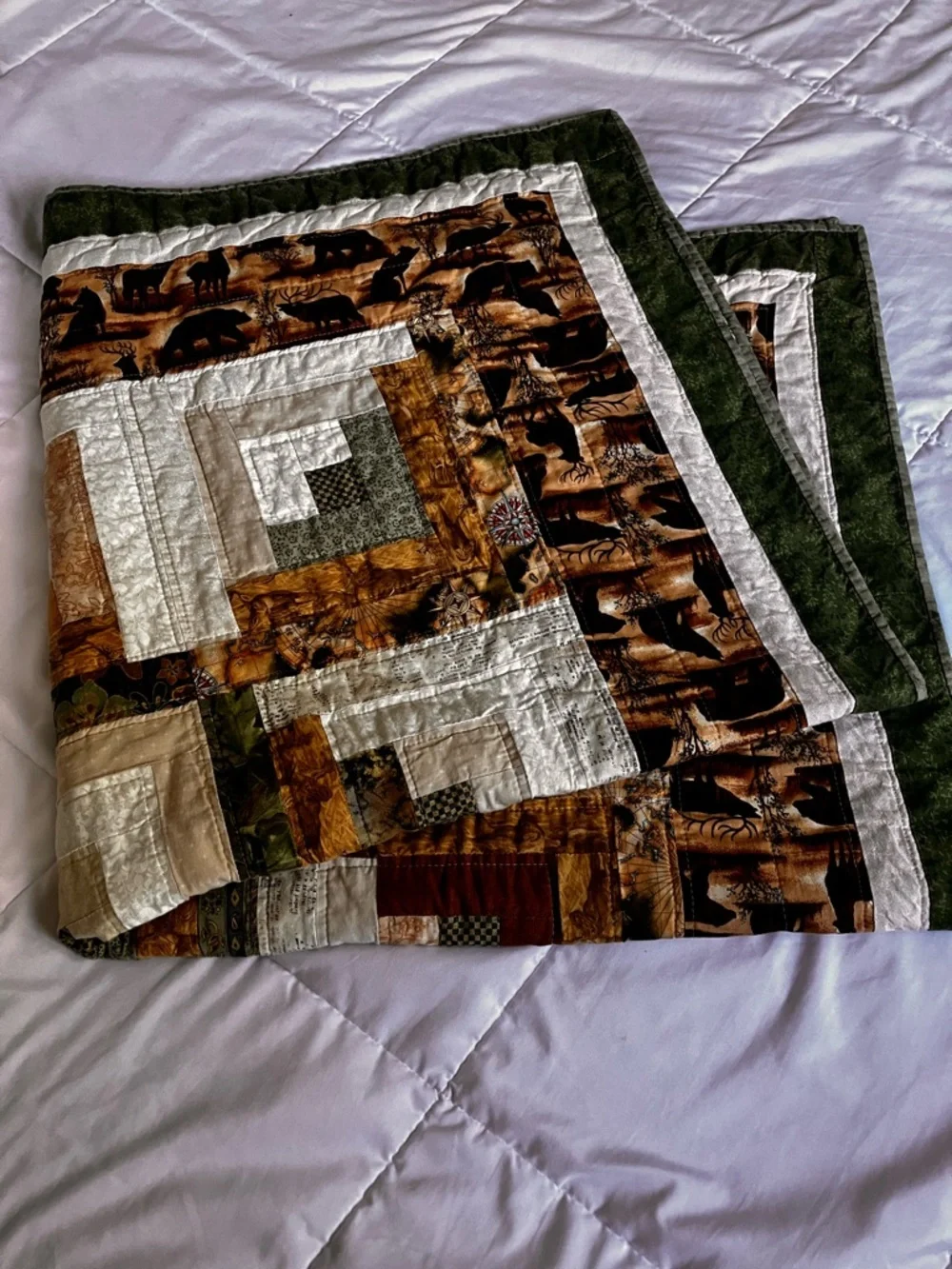 Handmade Rustic Patchwork Log Cabin Quilt Throw 45”x44”- Brown, Cream & Green